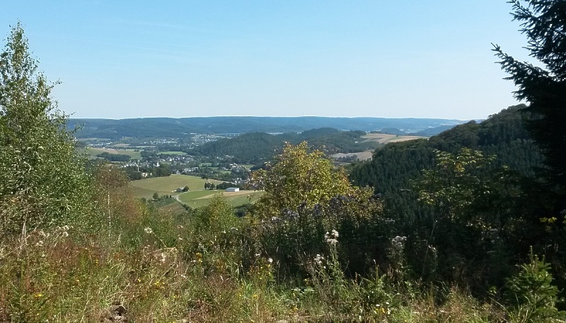Blick von Burgberg oberhalb des Ortes Berge über das Ruhrtal hin zum Stimm-Stamm (Funkturm) und Nuttlarer Höhe (ganz rechts)